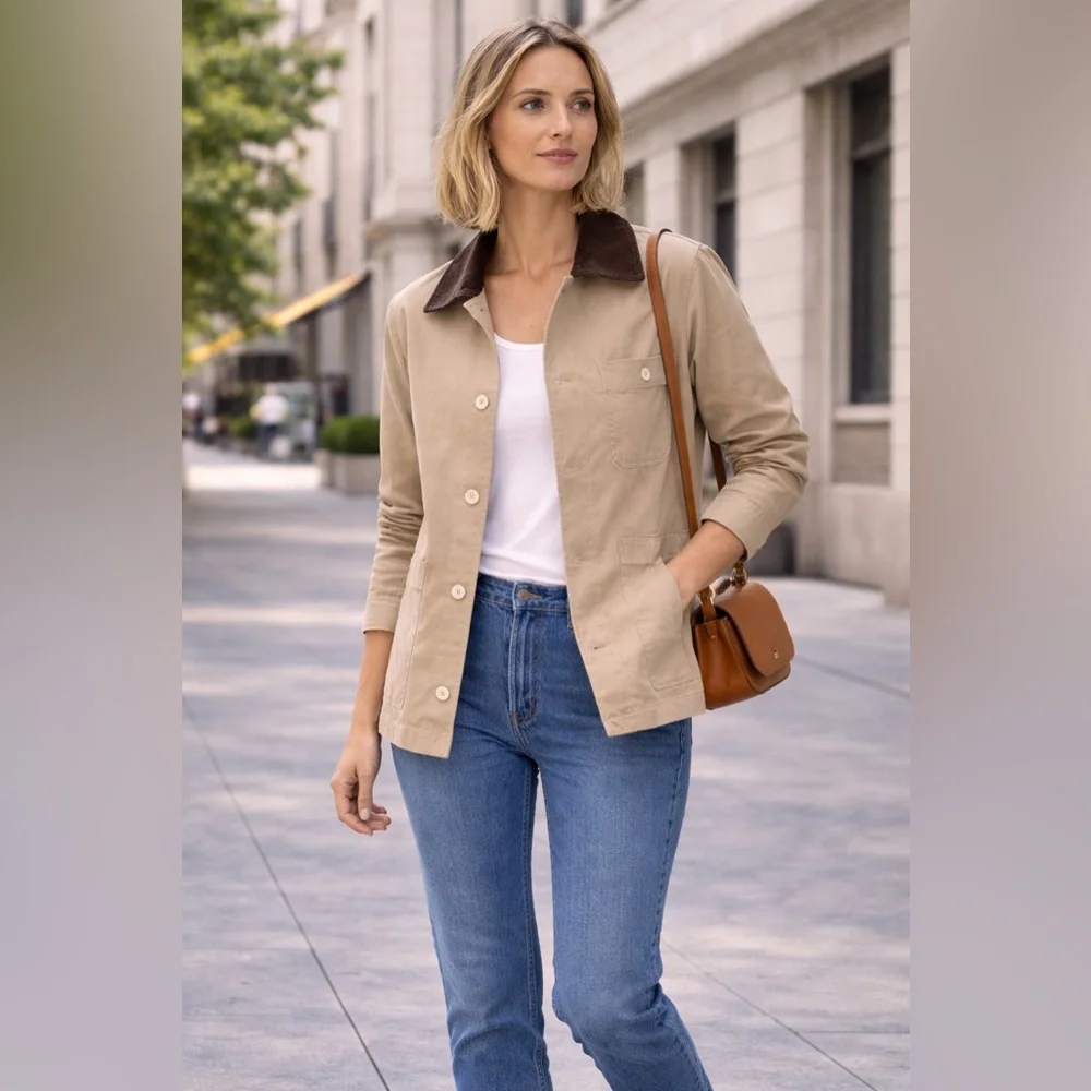 Zara Beige Utility Jacket with Dark Brown Contrast Collar - Picture 1 of 10